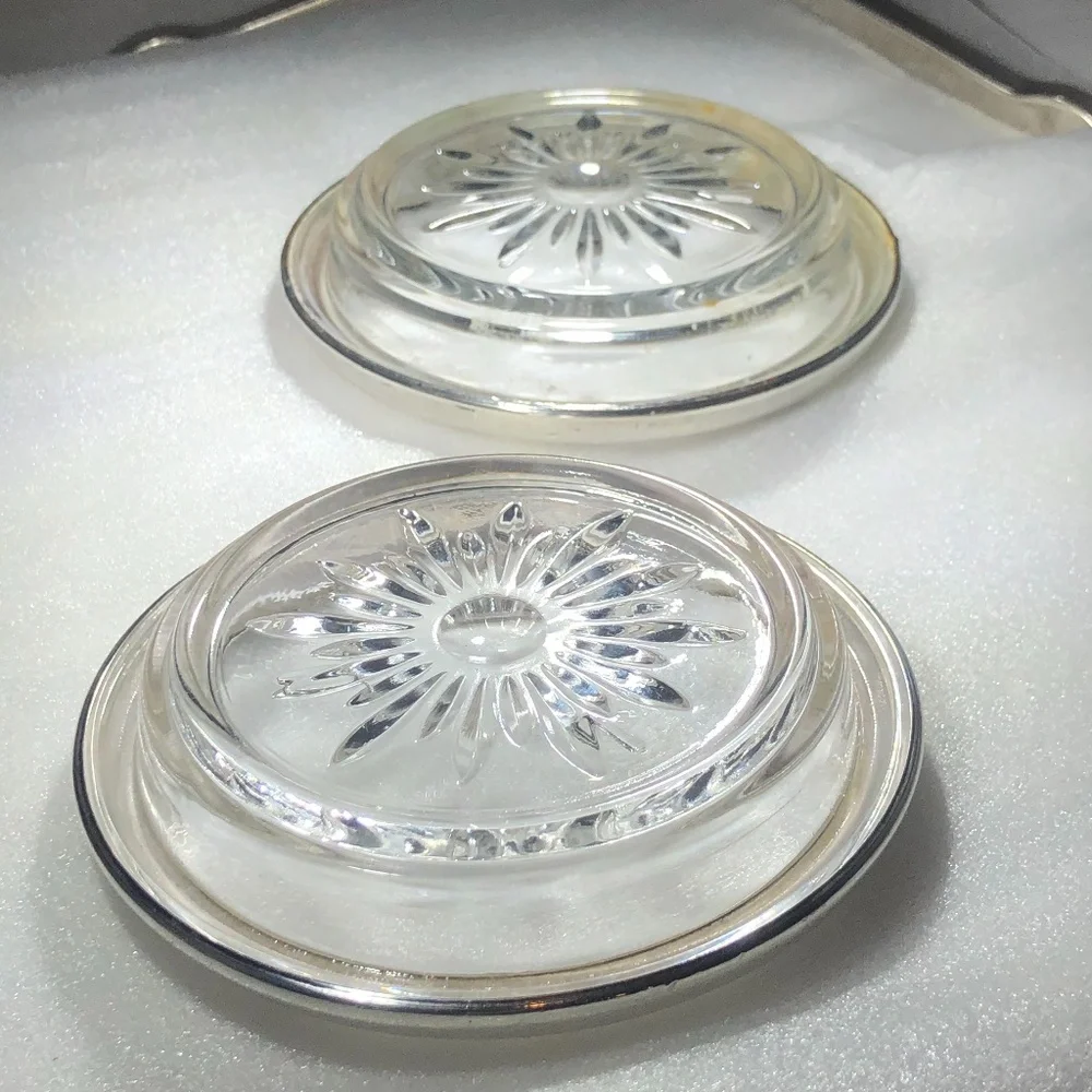 VINTAGE CROWN STERLING & CRYSTAL SUNBURST COASTERS OR ASHTRAYS - SET OF 2